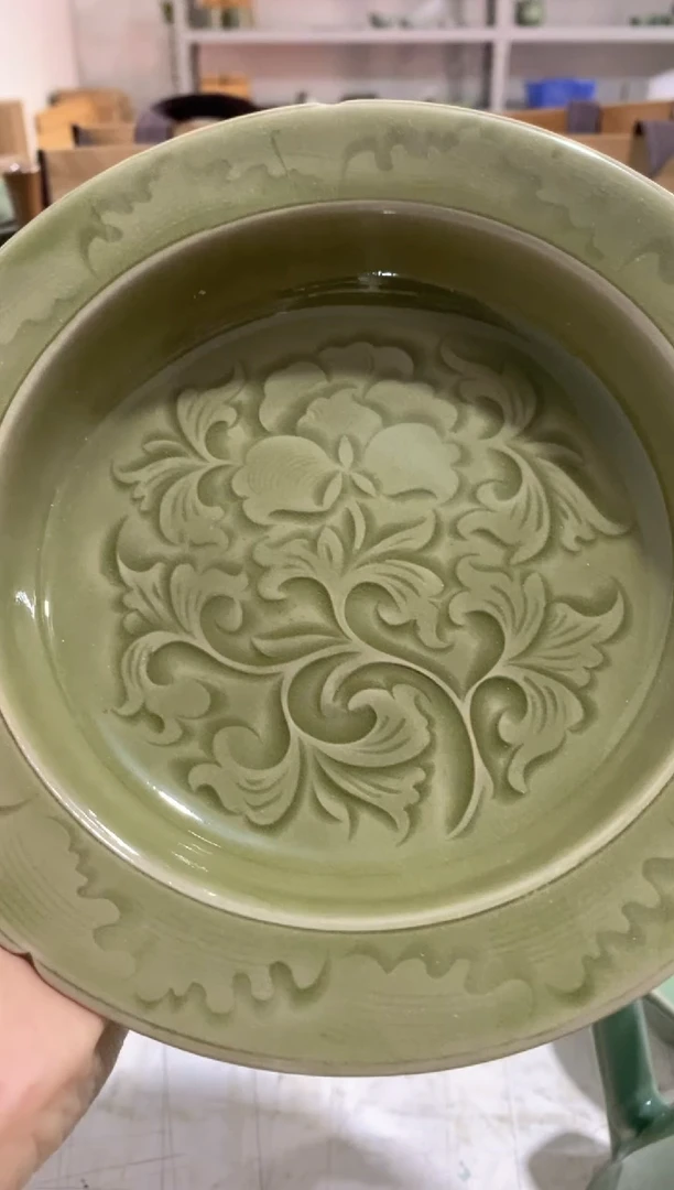 瓷片微瑕 处理 双刻032918 手工刻花深盘