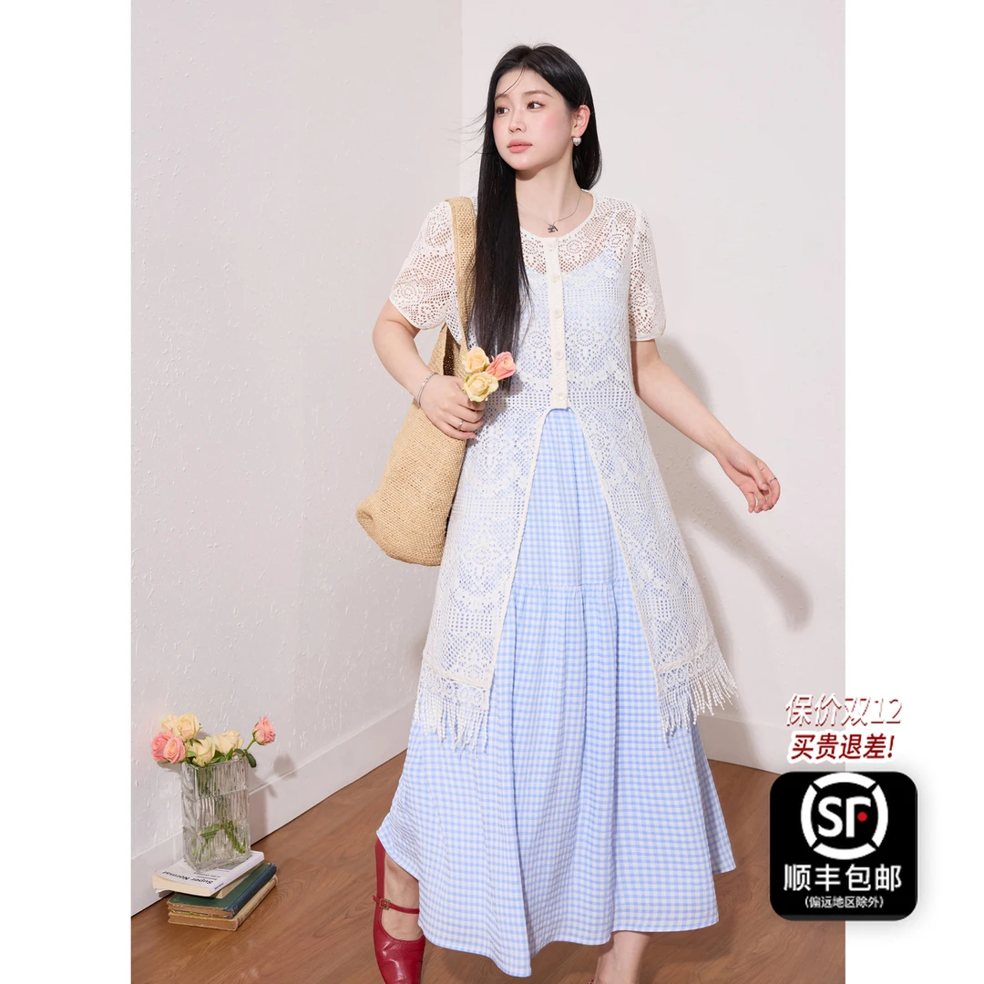 蓝语大码女装波西米亚风镂空蕾丝罩衫格子吊带连衣裙夏套装13391