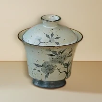 仿古铁点芍药花-二才马蹄盖碗-釉下手绘芍药花