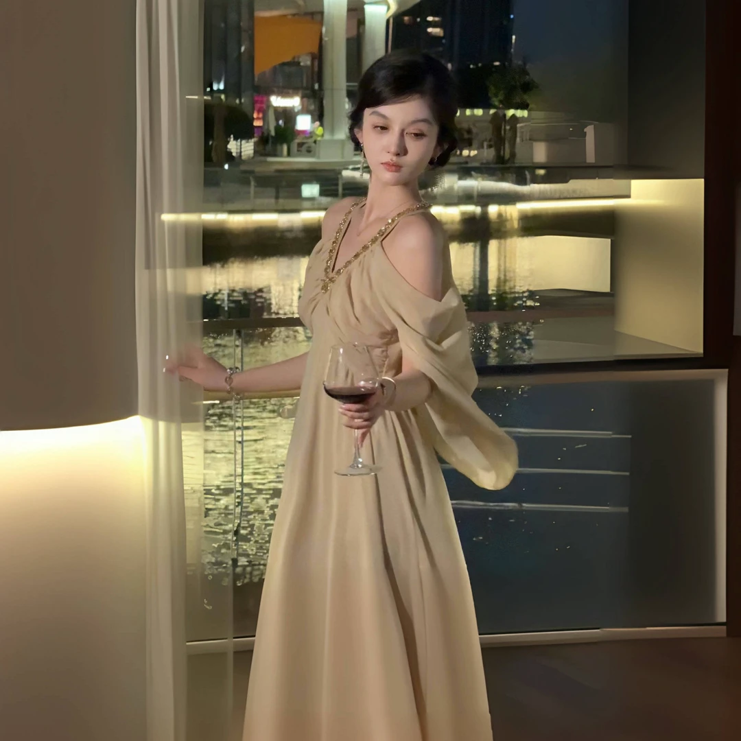 一块冰儿【月光流影】带钻V领长款露肩收腰显瘦连衣裙LB-046