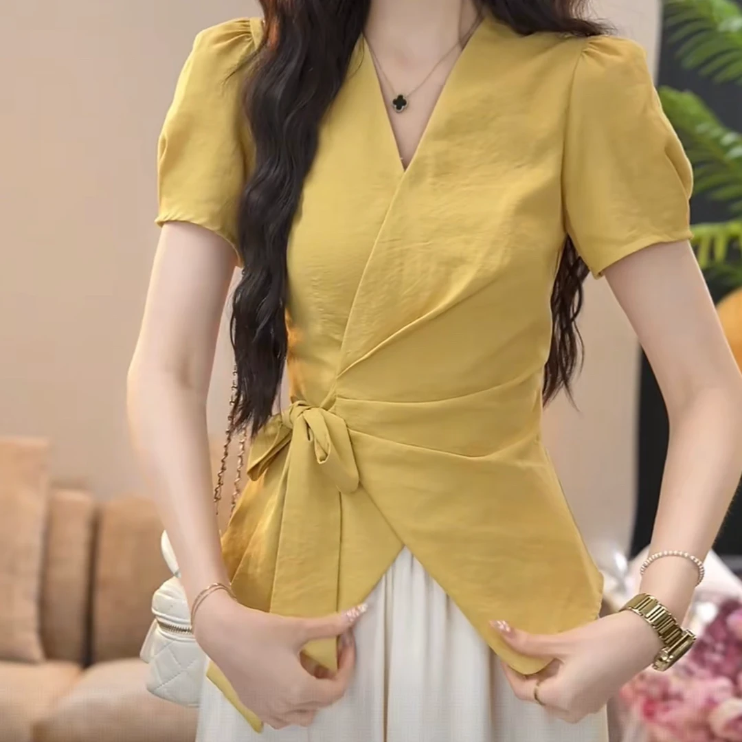洋气设计款时尚V领短袖不规则收腰显瘦衬衫2025夏季新款短袖衬衣