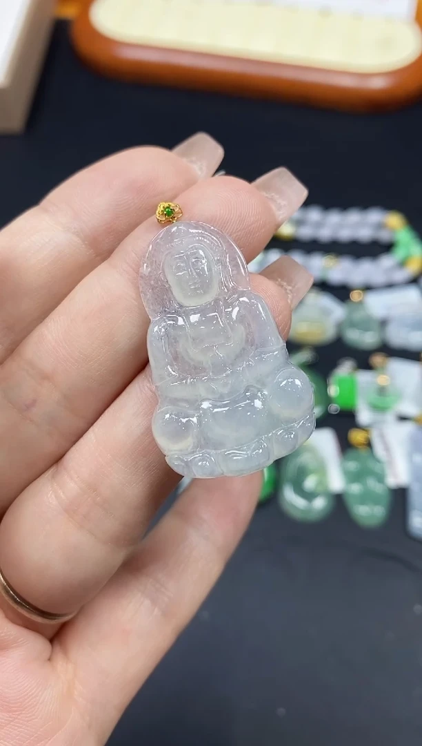 吊坠(不含链)18K金镶嵌翡翠观音18K金扣镶嵌@@CMT1240-2