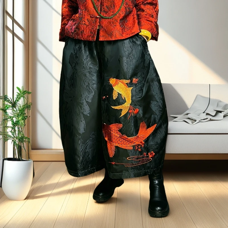 9085【潮妈家】花苞裙裤刺绣锦鲤花纹新中式女装裙裤提花休闲棉裤