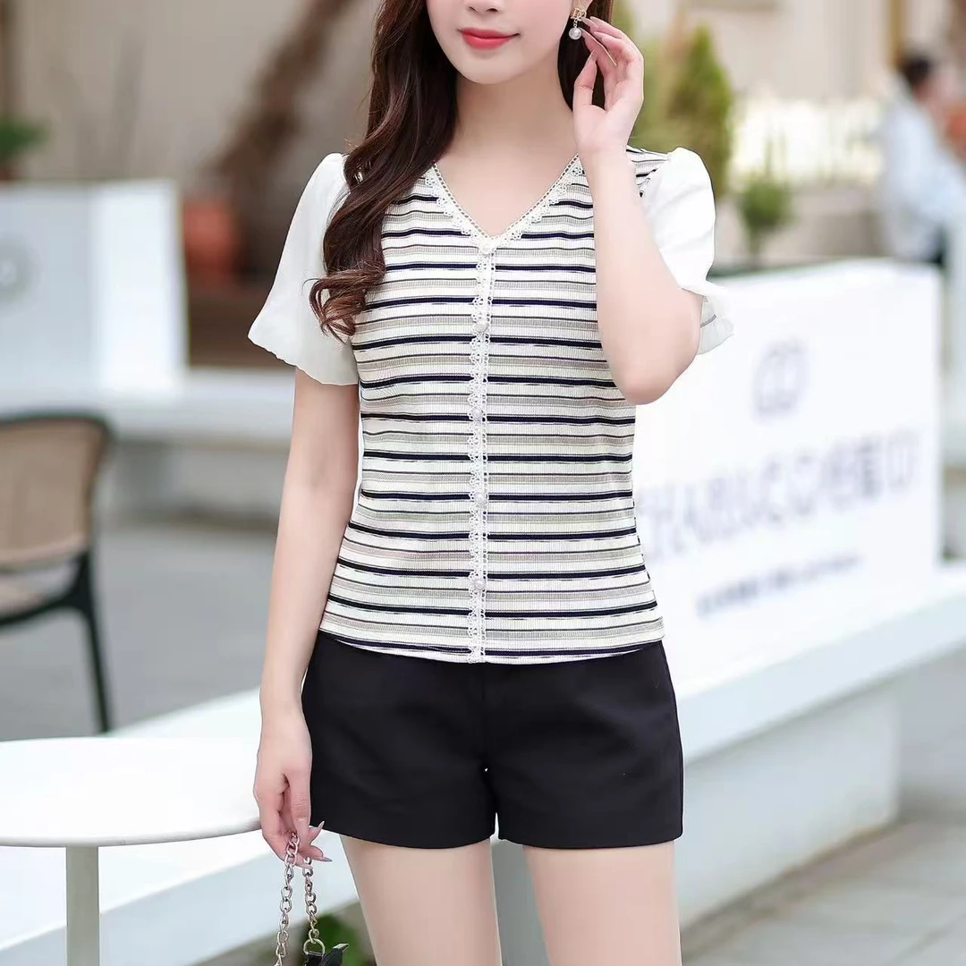 29517#花边条纹短袖衬衫女洋气显瘦气质时尚百搭韩版夏季