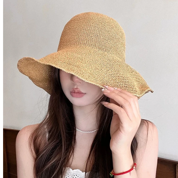 手工细草草编草帽女夏季大檐遮阳可折叠海边渔夫帽度假沙滩太阳帽