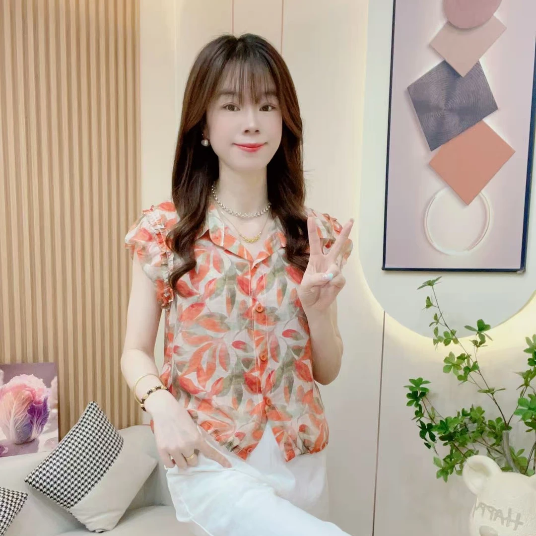 炬雅【花间溢彩】新款花边袖碎花气质百搭高级感遮肚显瘦减龄衬衫女