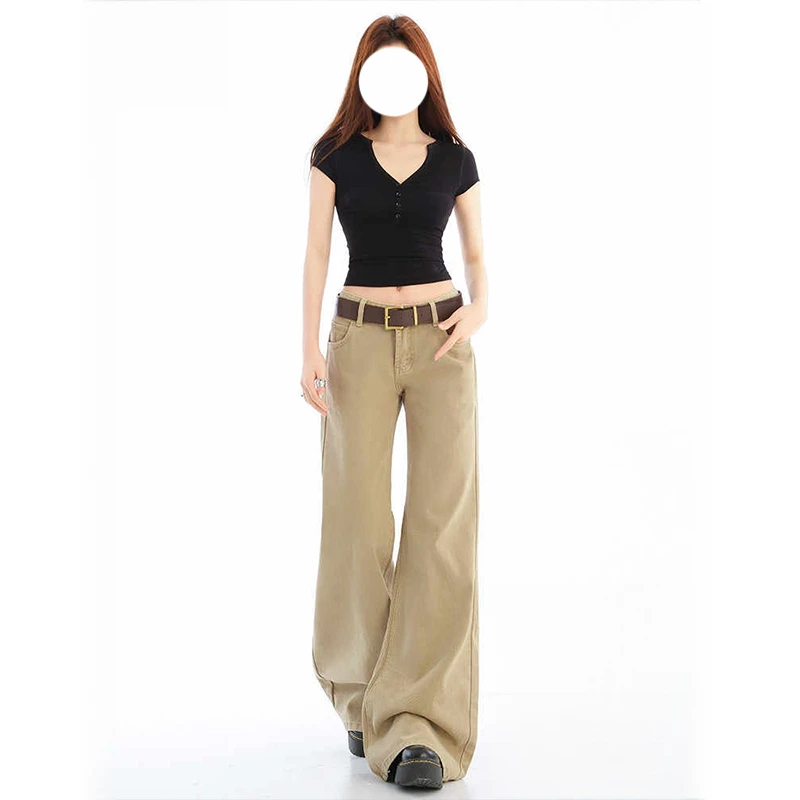 美式复古微喇牛仔裤女2025夏季低腰宽松小众卡其色垂感棕色阔腿裤