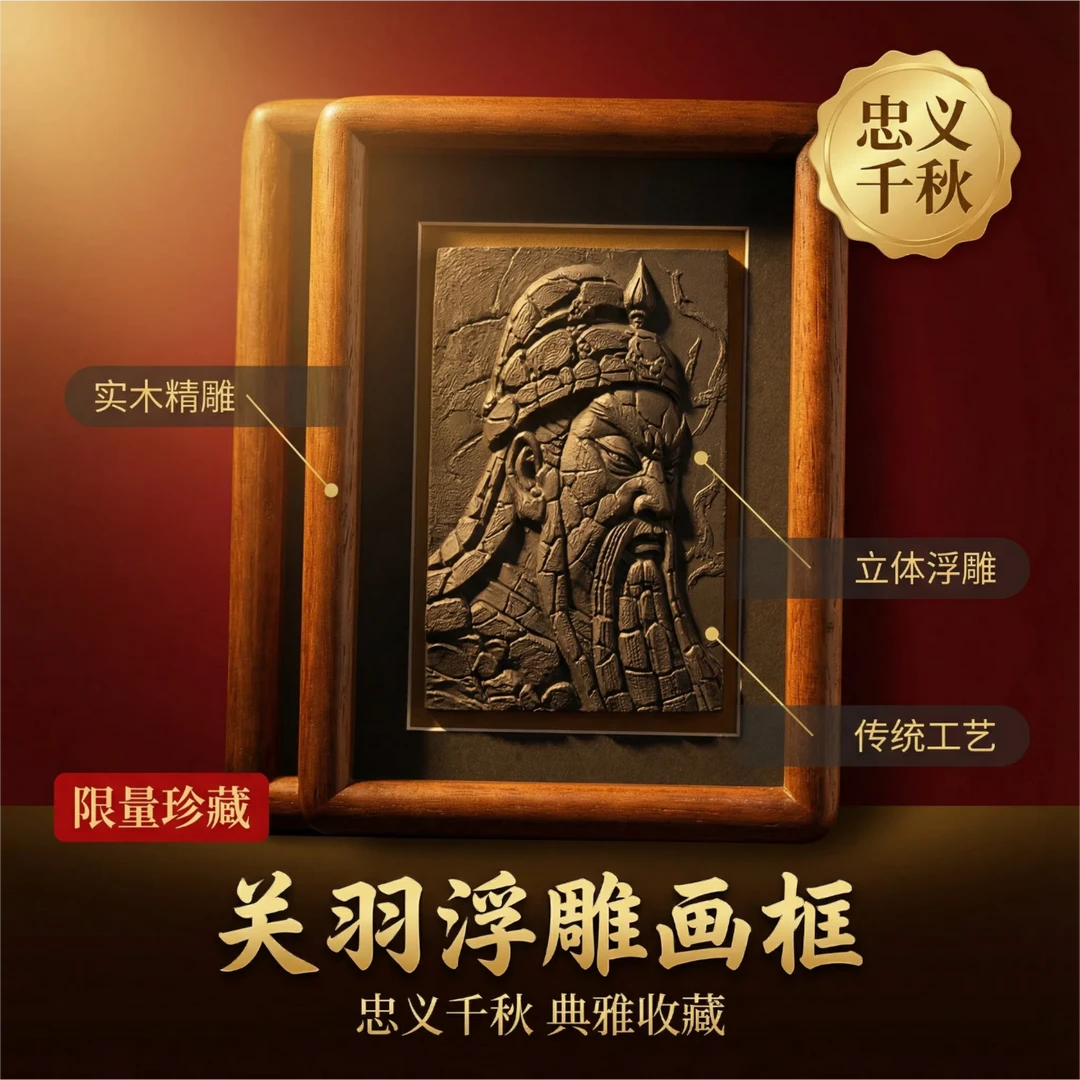 铁艺破碎关羽立体浮雕工艺红桃木实木外框画框微景观造景摆件装饰