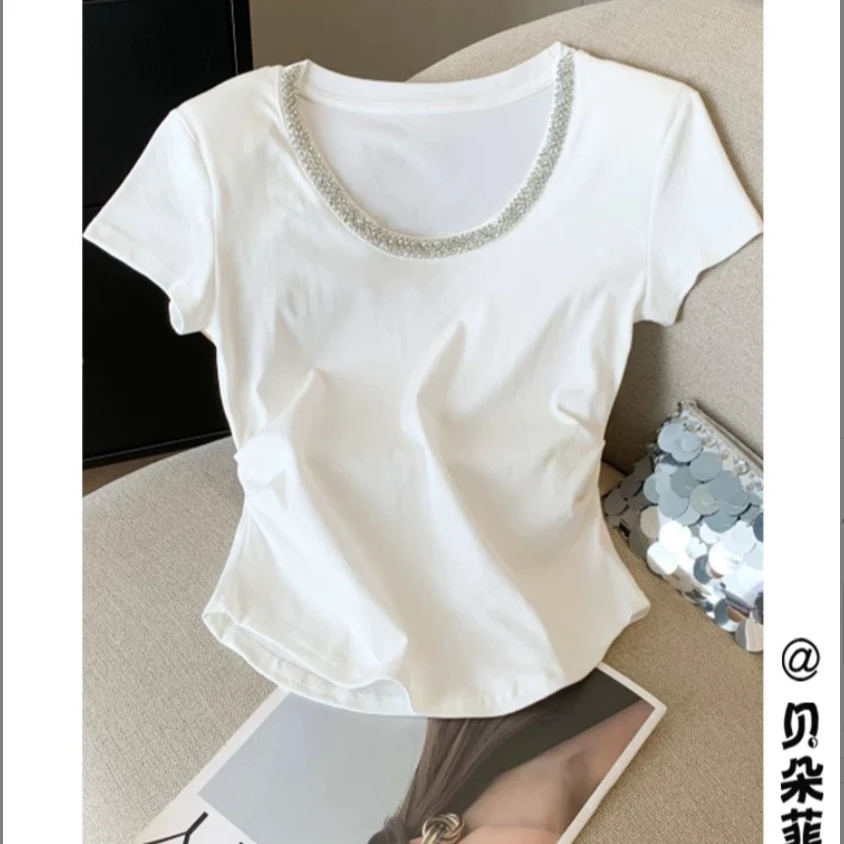 夏季新款重工镶钻短袖褶皱收腰显瘦百搭短款上衣