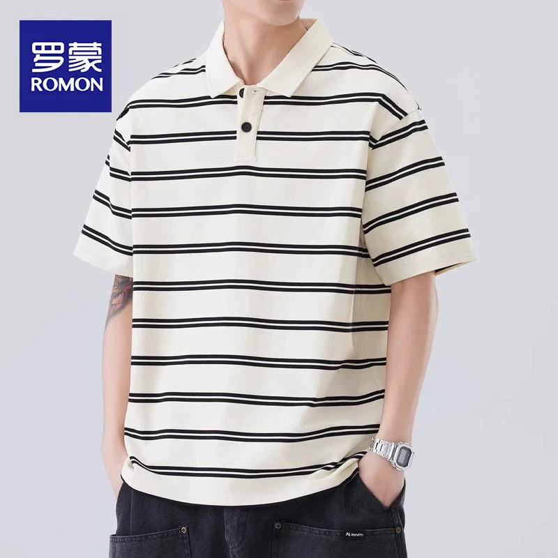 罗蒙2025新款条纹短袖Polo衫男士夏季宽松百搭翻领T恤上衣服男款