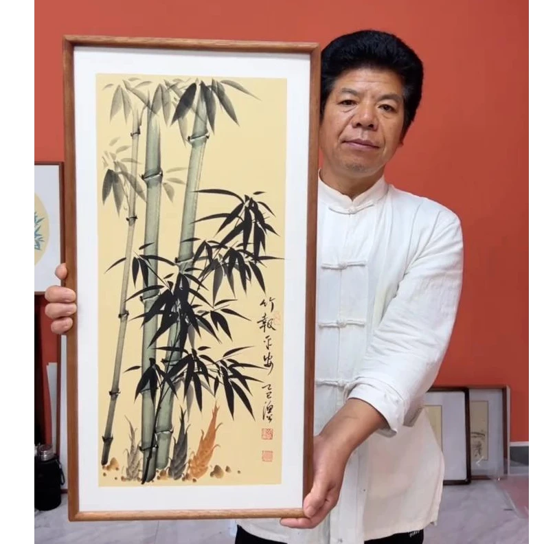 张富民作品/竹报平安（乌檀木实木框）（竖版）/35*68cm左右