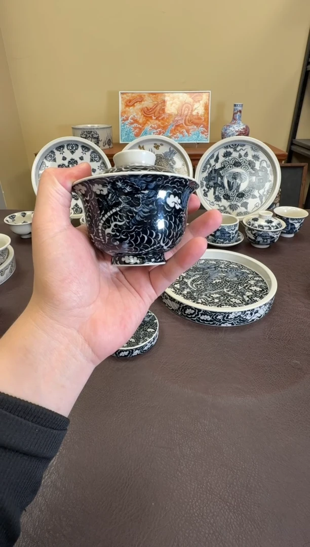 二号釉云墨麒麟元宝盖碗