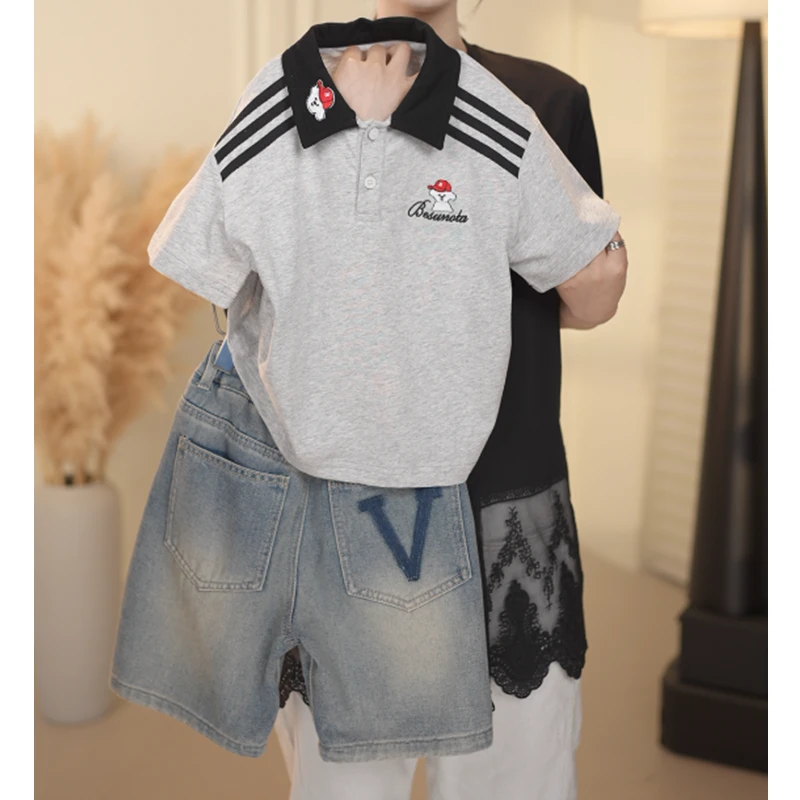 儿童夏季韩版条纹翻领短袖上衣宝宝百搭宽松polo衫