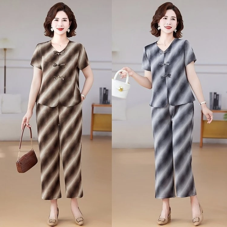 母亲节妈妈时尚中式上衣套装2025夏季新款中老年短袖女洋气两件套