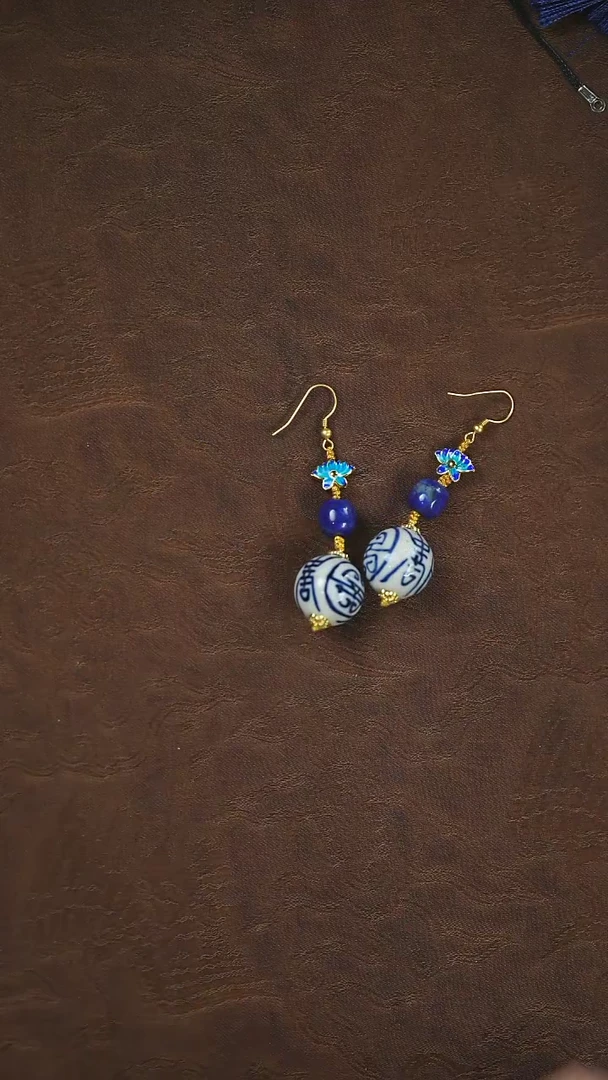 【闪购商品】青金石耳环未镶嵌青花万寿纹@@e448