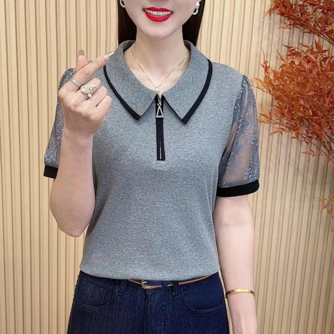 夏季新款设施翻领半拉链蕾丝拼接韩版T恤休闲百搭短袖上衣M8972