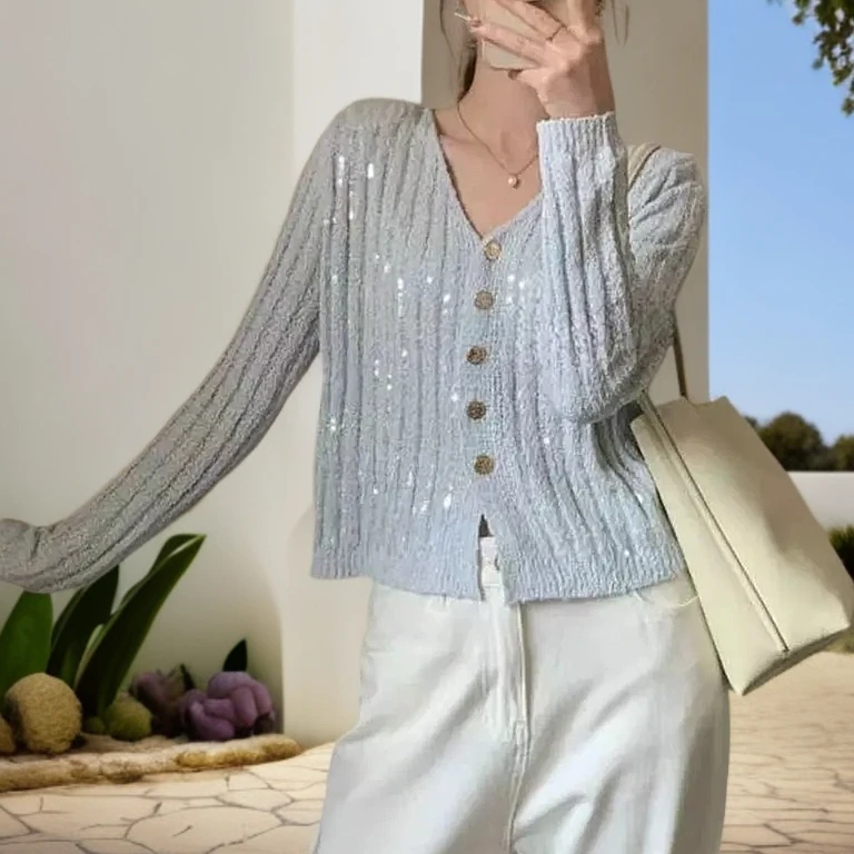 D2小香风轻奢亮片针织开衫女亮闪闪V领毛衣外套长袖早春宽松韩系