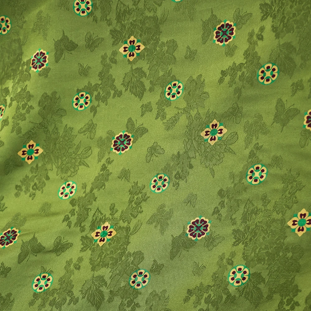 绿色六叶草团花香云纱花罗提花面料旗袍定制裁剪不退换M0025
