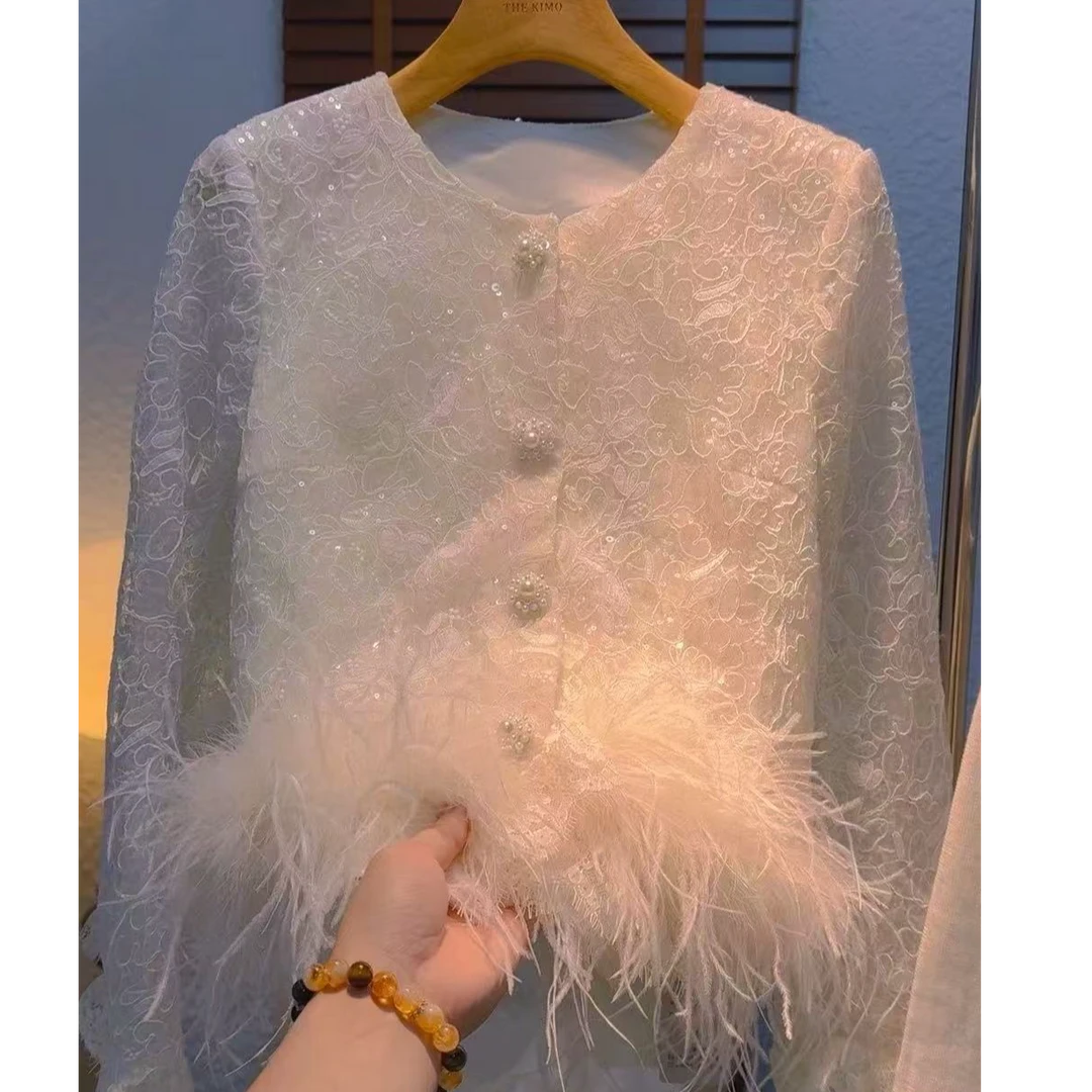 E186# 新款法式名媛高级感重工提花刺绣拼接定羽毛高腰短外套女