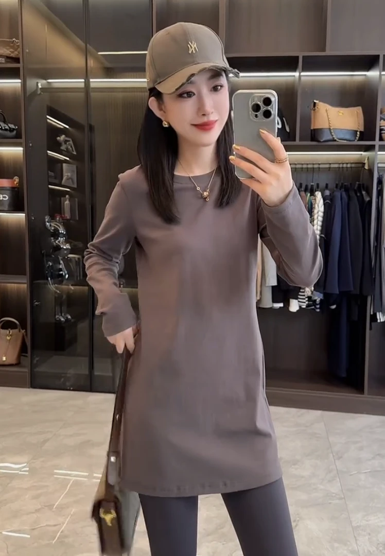欧货圆领正肩掐腰长袖T恤女2025新款时尚显瘦百搭打底中长款上衣