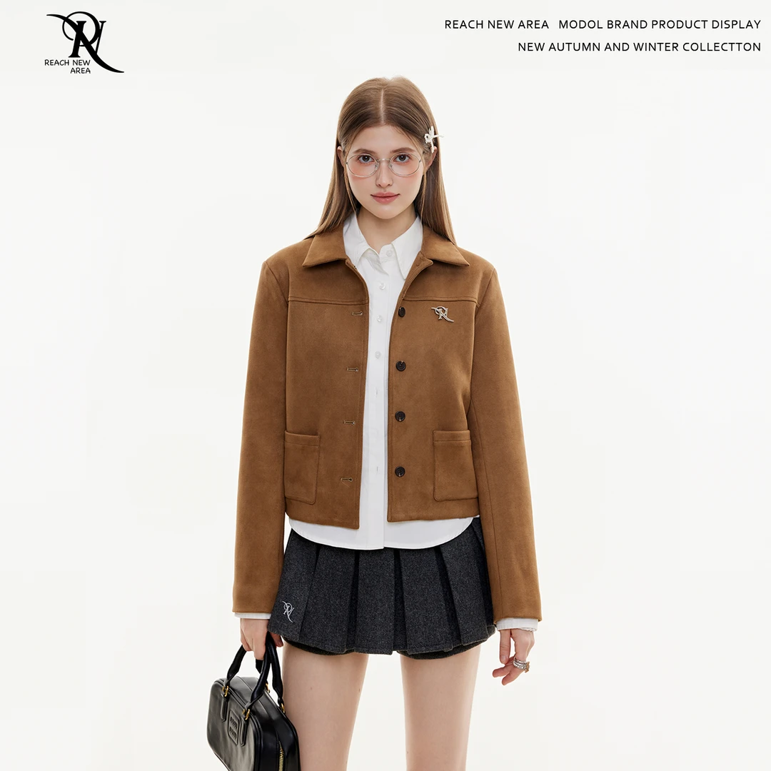 REACH原创金属标复古麂皮绒外套女春秋新款短款飞行服夹克上衣服