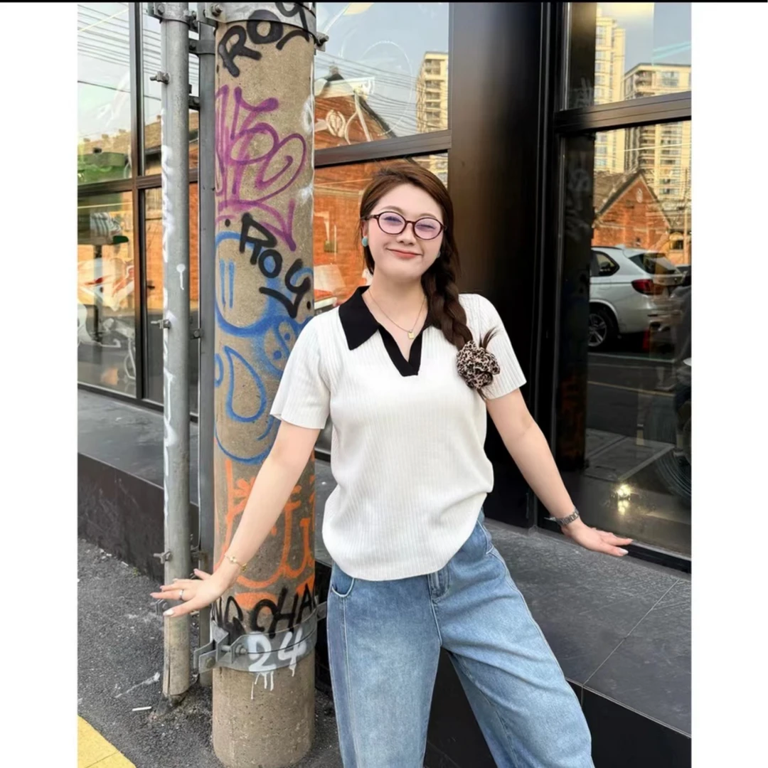 红桃刺绣撞色大码领针织短袖T恤宽松上衣DM20221