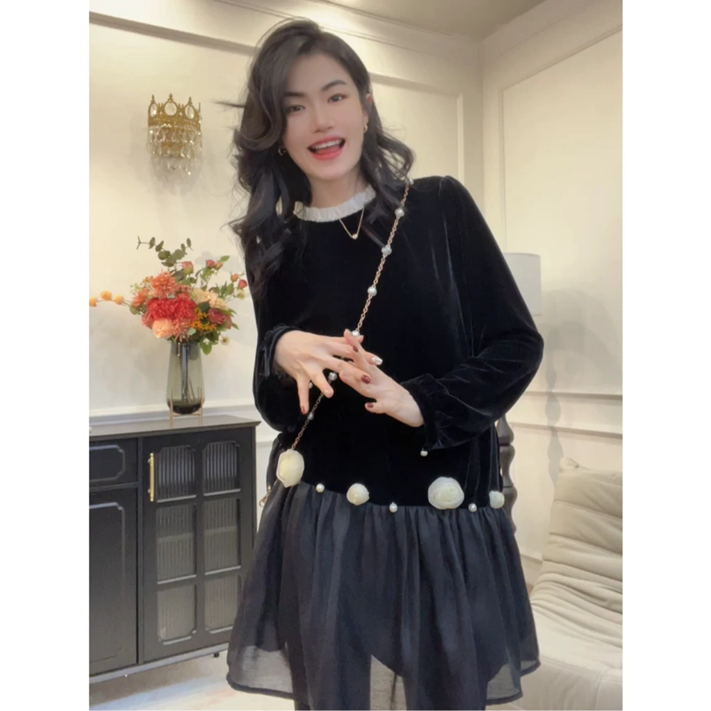 【月落星河】2025年新品小众设计高级感显瘦拼接大码女装连衣裙