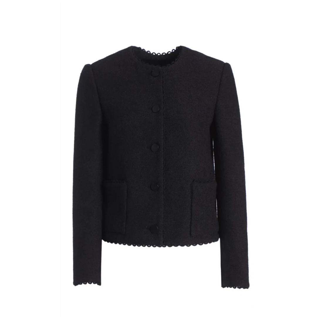 黑色花边双口袋粗花呢外套0033