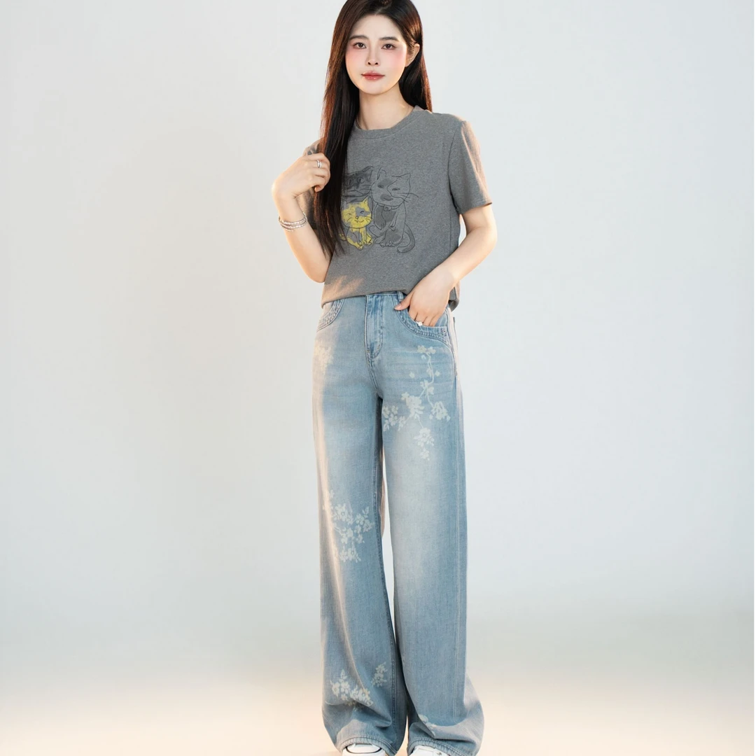 宿慕女款设计感阔腿裤夏季高腰牛仔裤长裤35668小雨女装洋气通勤