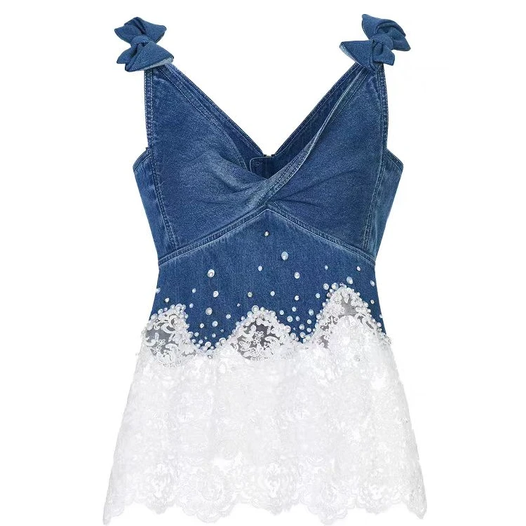 LeFame/拉飞姆2025夏季时尚牛仔蕾丝上衣无袖背心LF25X21NB036