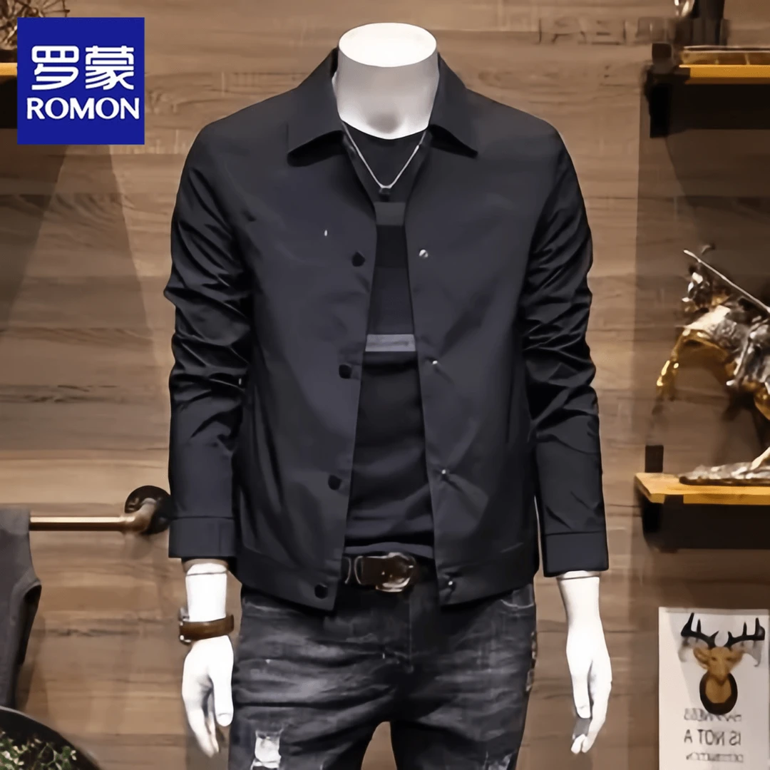 Romon/罗蒙2025年新款春秋冬季百搭长袖休闲黑色工装夹克男士外套