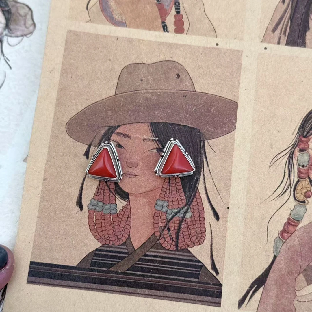 925银耳饰 黑措家独特定制款复古天然红【西热】三角藏式纯手工耳钉