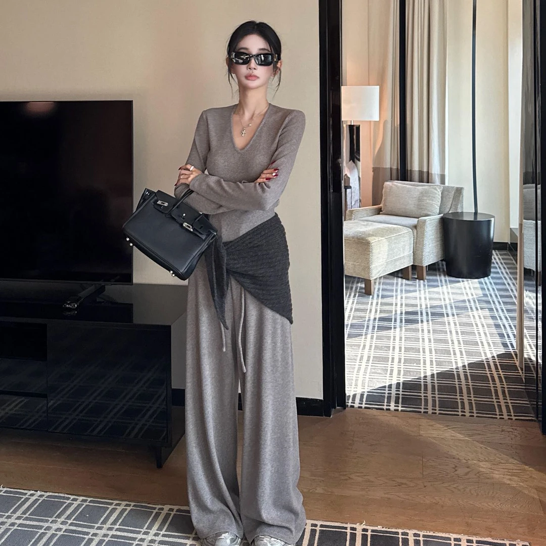 法式V领长袖针织打底衫女2025秋冬季高级感收腰上衣阔腿裤子套装