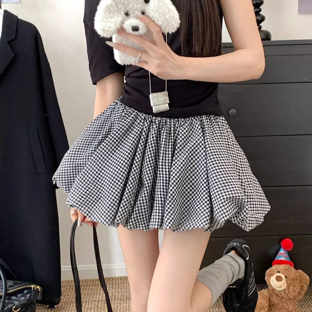 格子花苞裙2025夏季新款短裙黑白格子松紧腰蓬蓬裙防走光半身裙