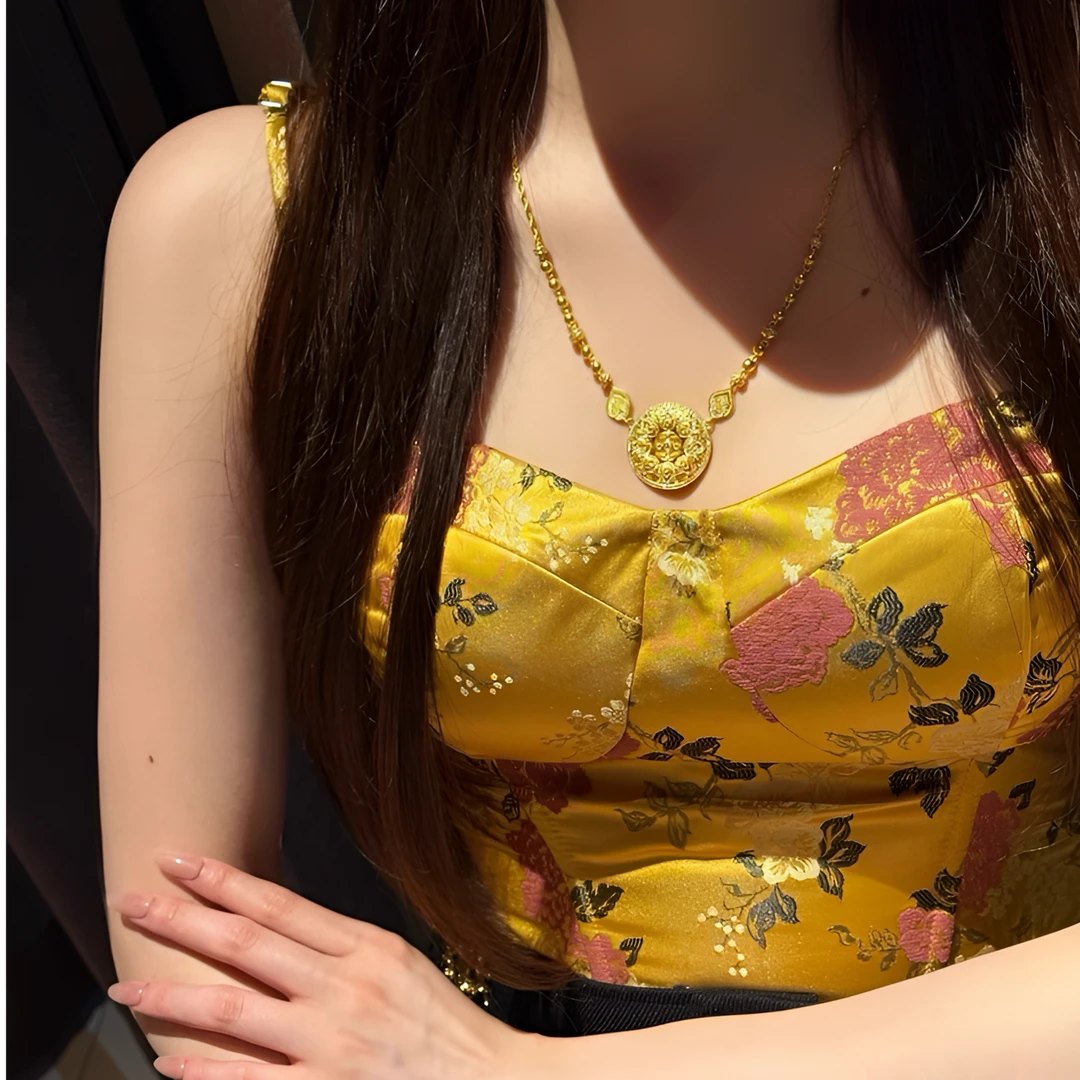 铜合金项链 古法点钻六字真言新中式福禄祯祥四美吊坠项链女复古