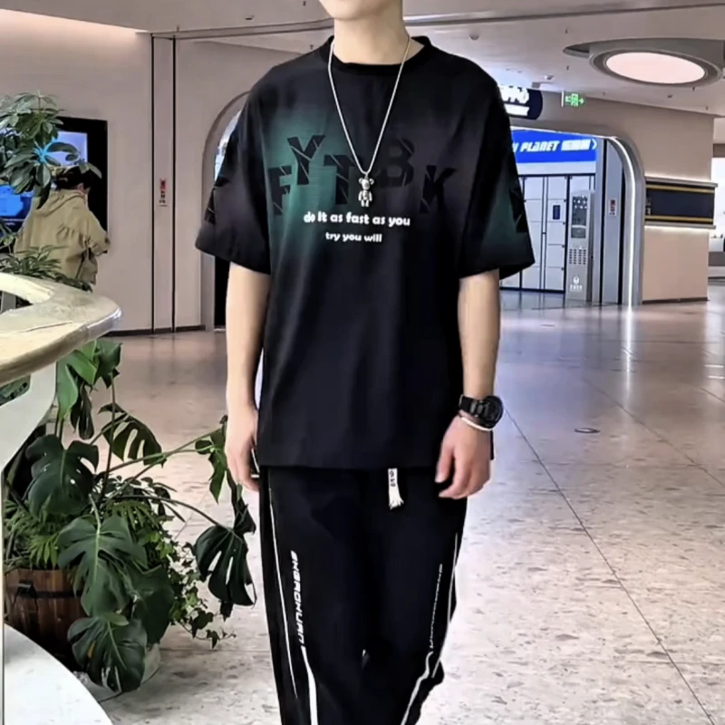 2025青少年冰丝短袖t恤男青少年夏装帅气九分袖休闲运动套装