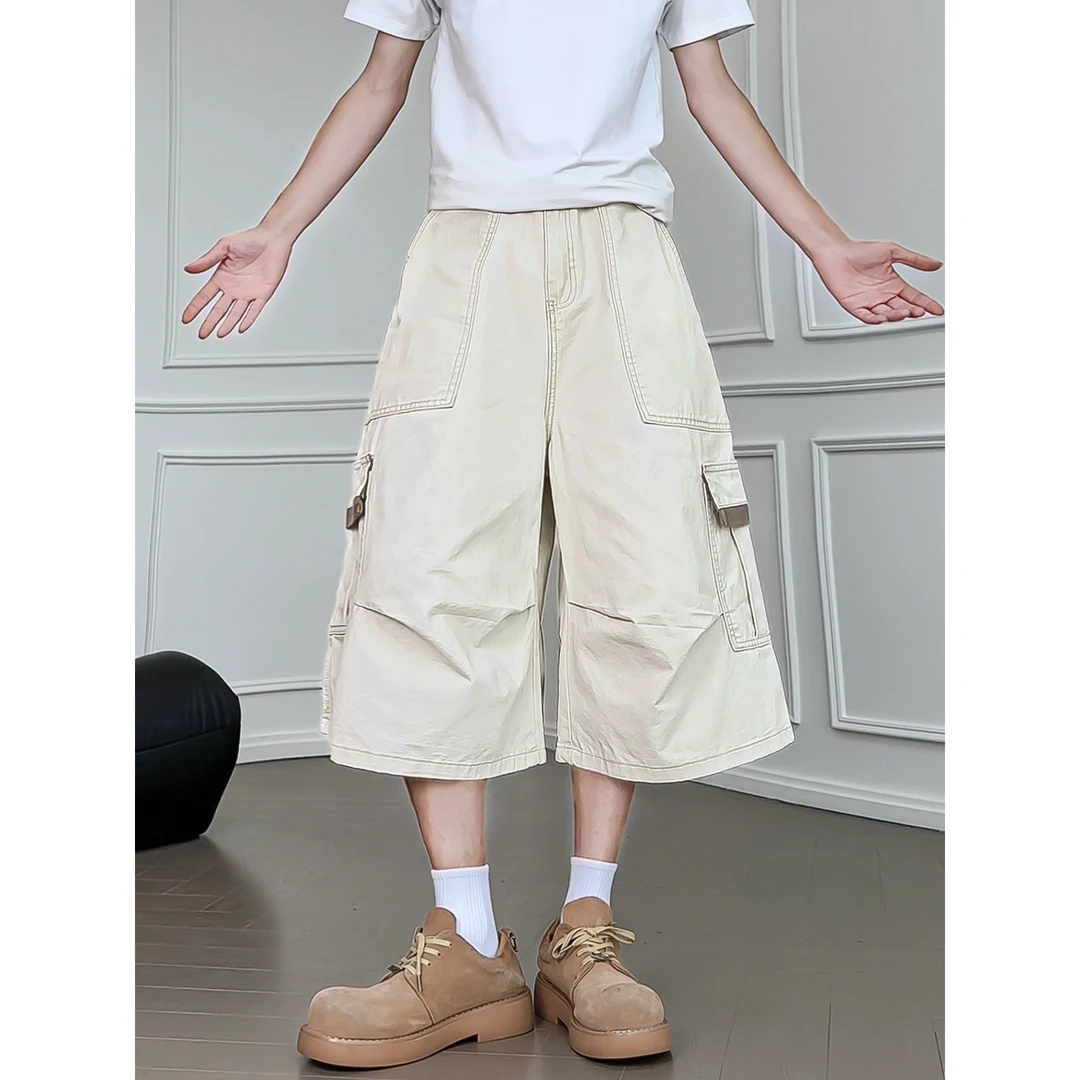 美式高街纯棉潮流工装七分裤夏季百搭外穿纯棉宽松直筒七分裤子