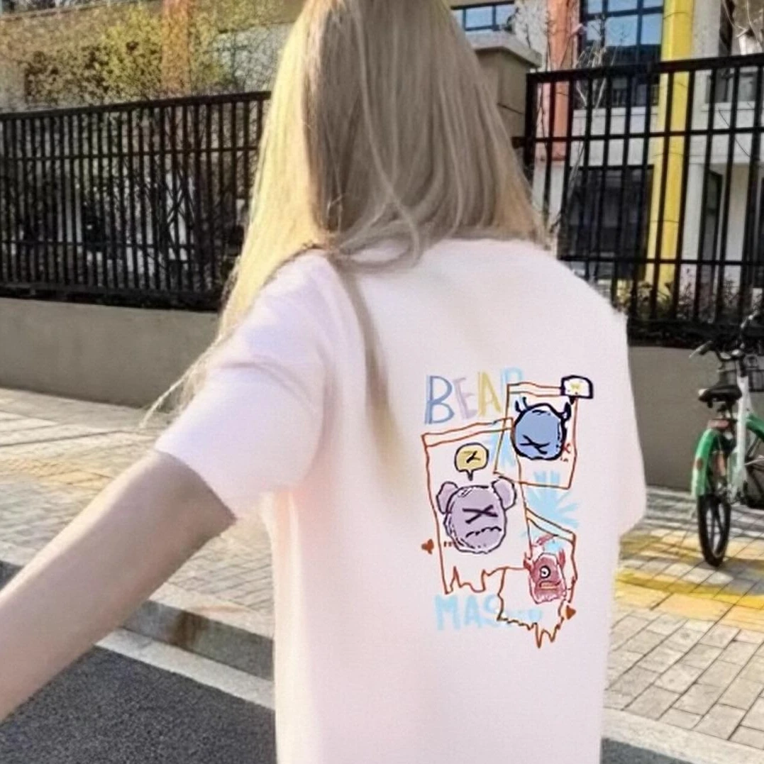 精灵和熊卡通短袖T恤夏季韩系减龄多巴胺慵懒风男女同款体恤上衣