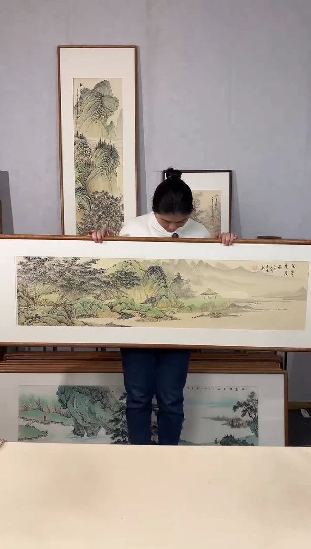 国画手绘*溪亭待友*52*172cm*原木色木框