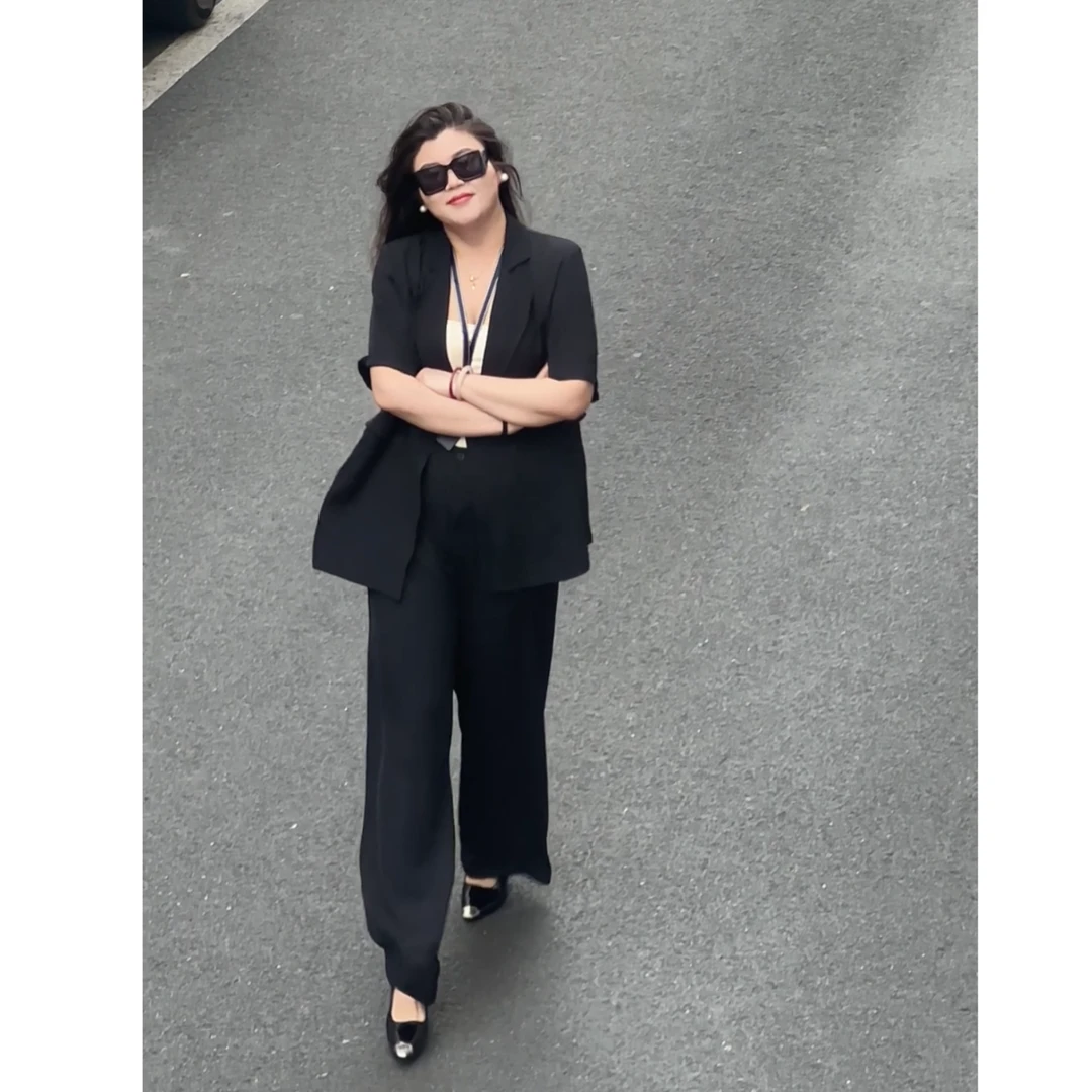 【小稳定制】大码夏季薄款西装套装女胖mm气质职业休闲阔腿裤两件套