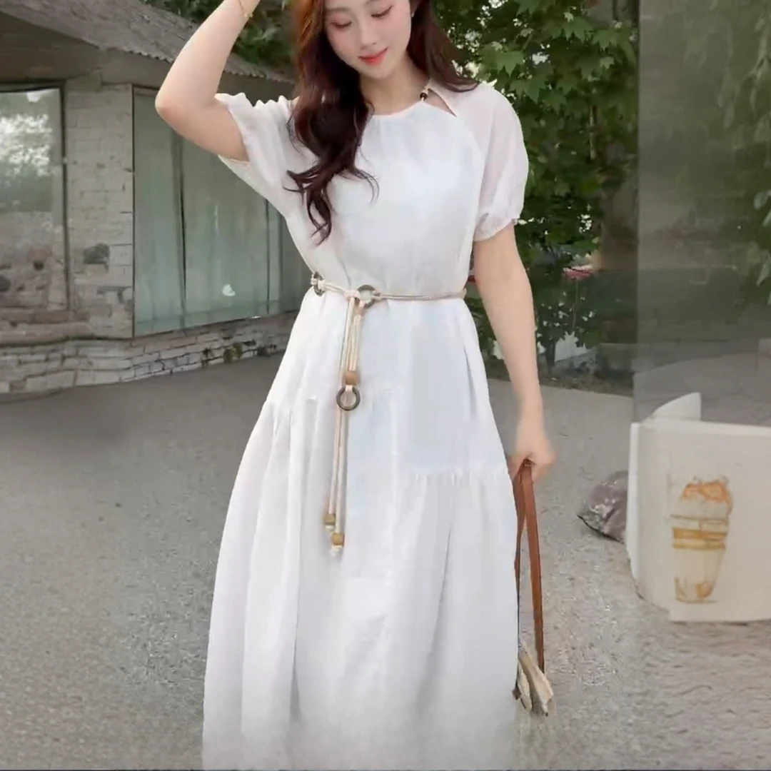 25306#连衣裙2025夏新款法式设计感中长款气质显瘦系带泡泡袖长裙