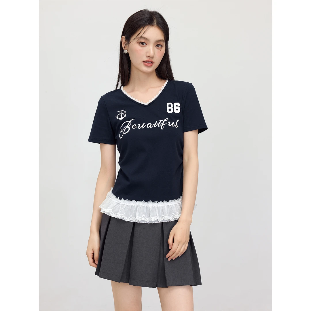 爱蔷薇大码短袖字母印花t恤女夏甜酷穿搭网纱拼接V领上衣GT76666