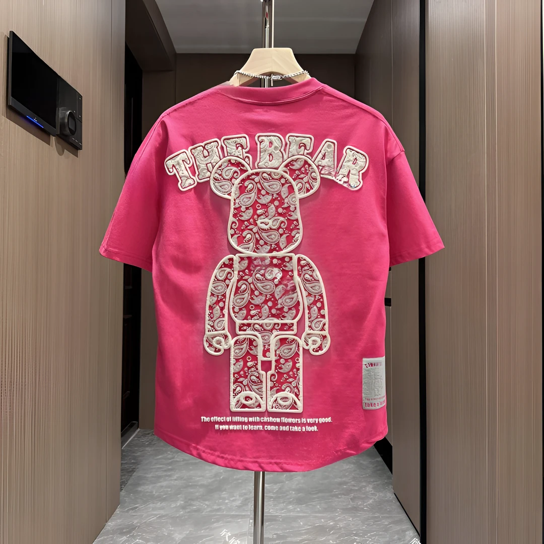 夏季爆款发泡印花多巴胺色潮流时尚百搭男士短袖T恤圆弧燕尾体恤