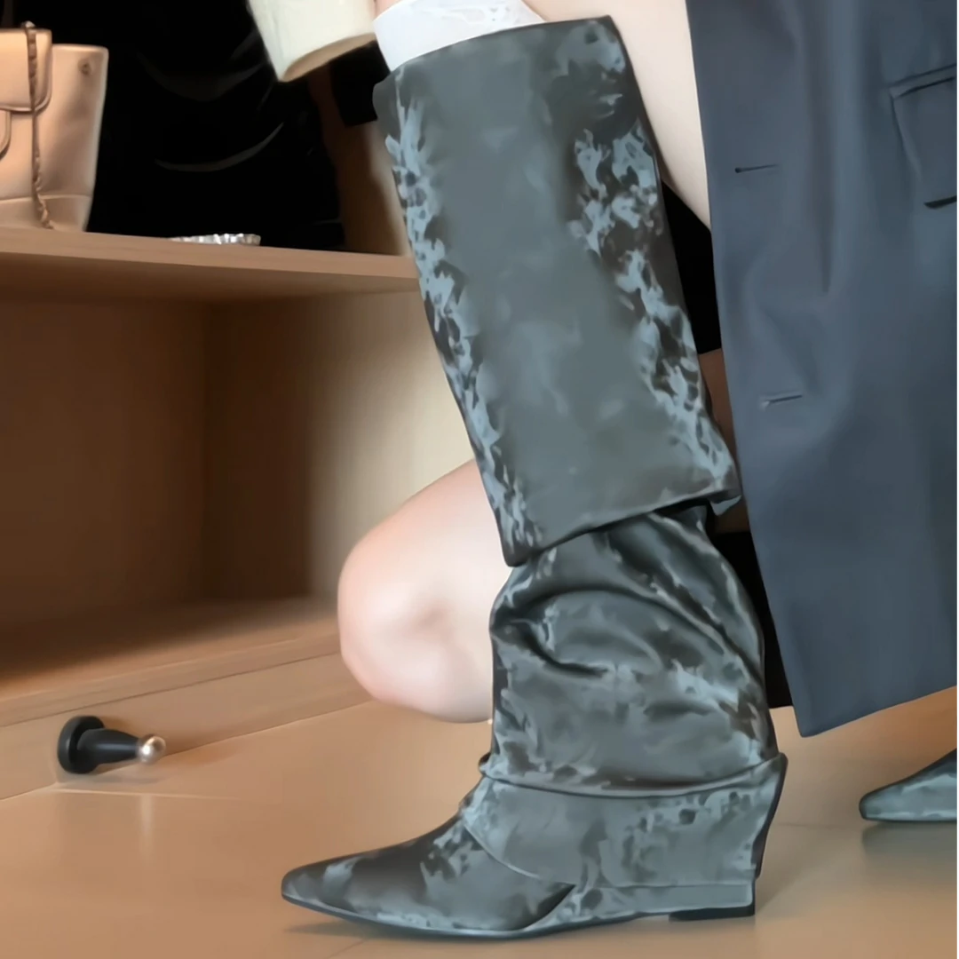 羊皮版~复古辣妹露趾显腿长绒面裤管靴褶皱百搭气质显腿长时装靴