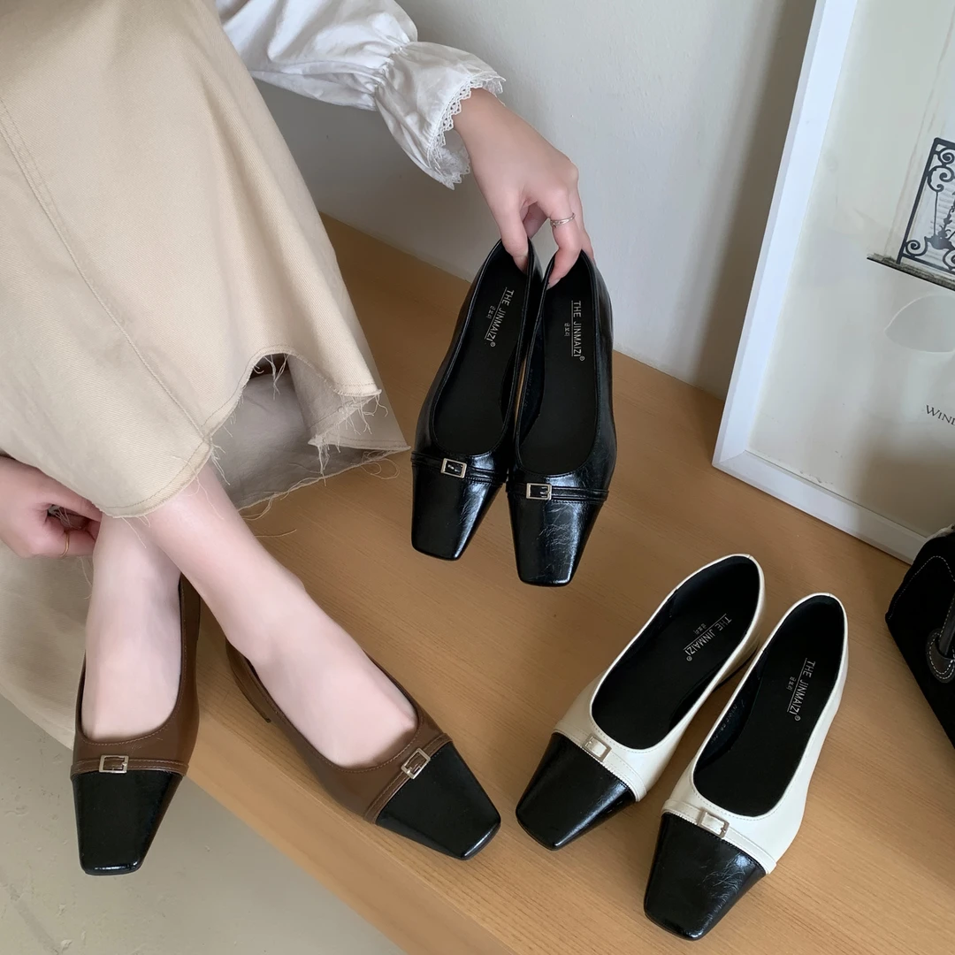 春季方头百搭纯色简约小众温柔风复古方扣一脚蹬气质单鞋397-85