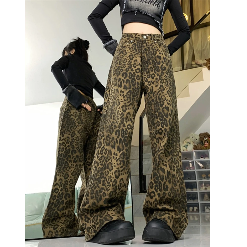 豹纹设计感美式高街阔腿牛仔裤女春季新款高腰宽松显瘦拖地长裤子