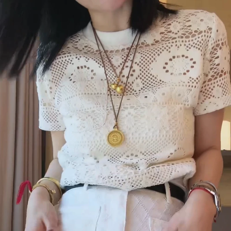 2025春夏新款欧若风拼接口袋花朵镂空短袖上衣LK2502272