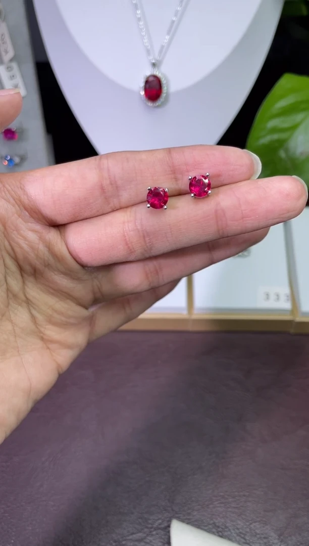 合金合成钻石耳饰红宝耳钉