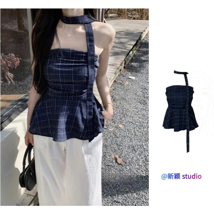 复古吊带辣妹格子抹胸背心女装夏季无袖荷叶边修身露肩短款小上衣