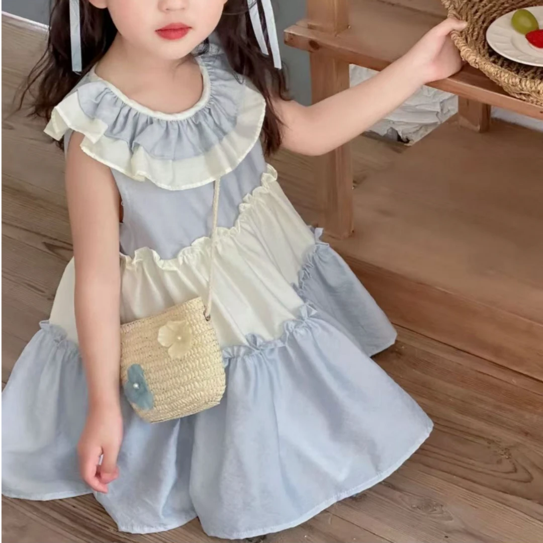 女童公主裙背心裙新款儿童周岁裙子女宝宝清爽蓝白拼接洋气连衣裙
